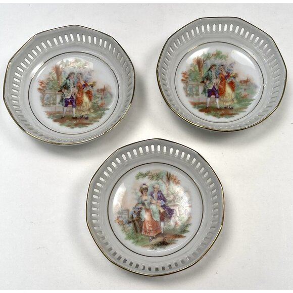 VTG Set 3 SCHUMANN Germany 3.75" Handpainted Reticulated Trinket PLATES Lovers - Picture 1 of 6